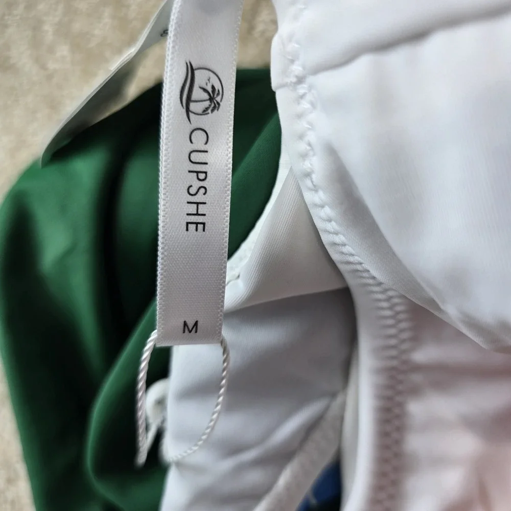 Cupshe One Piece Swimsuit Green White Colorblock Tie Waist Size M NWT - Picture 9 of 9